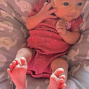 Melody joined the competition — help win amazing prizes! baby, infant, child, portrait, lying_down, sitting, pink_onesie, curious, awake, face, hands, feet, bare_feet, cushion, blanket, elephant_pattern, nursery, indoor, adorable, photograph