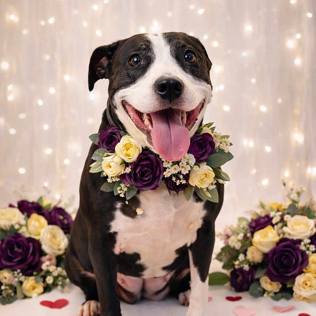 Aeriel joined the competition — help win amazing prizes! background_blur, black_and_white, bouquet, celebration, close_up, cream_roses, cute, decorative_lights, dog, festive, flower_collar, happy, heart_confetti, indoor, pet, portrait, purple_roses, sitting, smiling, tongue_out