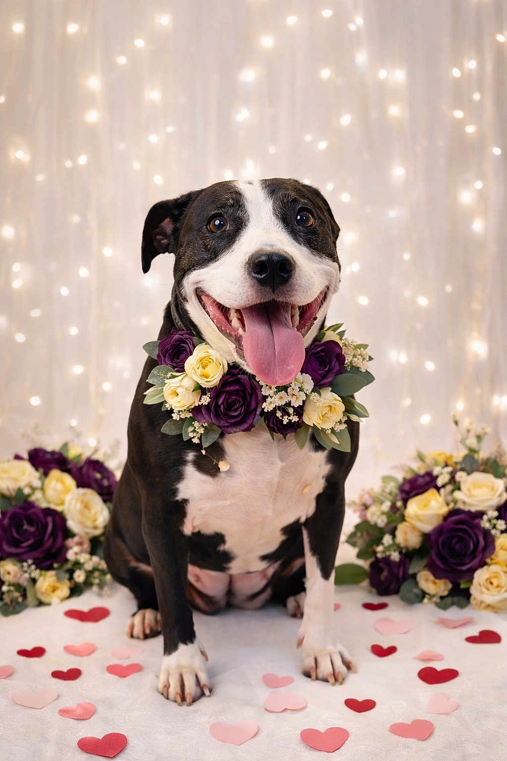 Aeriel joined the competition — help win amazing prizes! dog, black_and_white, flower_collar, purple_roses, cream_roses, heart_confetti, sitting, happy, tongue_out, indoor, decorative_lights, bouquet, celebration, pet, close_up, portrait, cute, festive, smiling, background_blur