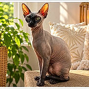 Opale a rejoint le concours — aidez-le/la à gagner de superbes lots ! cat, sphynx_cat, hairless_cat, pet, animal, sitting, portrait, indoors, sunlight, living_room, scratching_post, plant, potted_plant, cushions, pillows, home_decor, wrinkles, large_ears, green_eyes, cozy