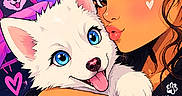 Lyra Moon joined the competition — help win amazing prizes! anime, illustration, girl, woman, husky, puppy, dog, white_fur, blue_eyes, cuddling, portrait, heart, paw_print, colorful, pink, fantasy, digital_art, long_hair, pet, cute