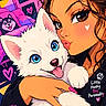 anime, illustration, girl, woman, husky, puppy, dog, white_fur, blue_eyes, cuddling, portrait, heart, paw_print, colorful, pink, fantasy, digital_art, long_hair, pet, cute