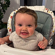 Amber joined the competition — help win amazing prizes! baby, high_chair, smile, happy, child, indoor, face, person, clothing, furniture, plant, home, cute, portrait, toddler, feeding, cheerful, young, infant, seat
