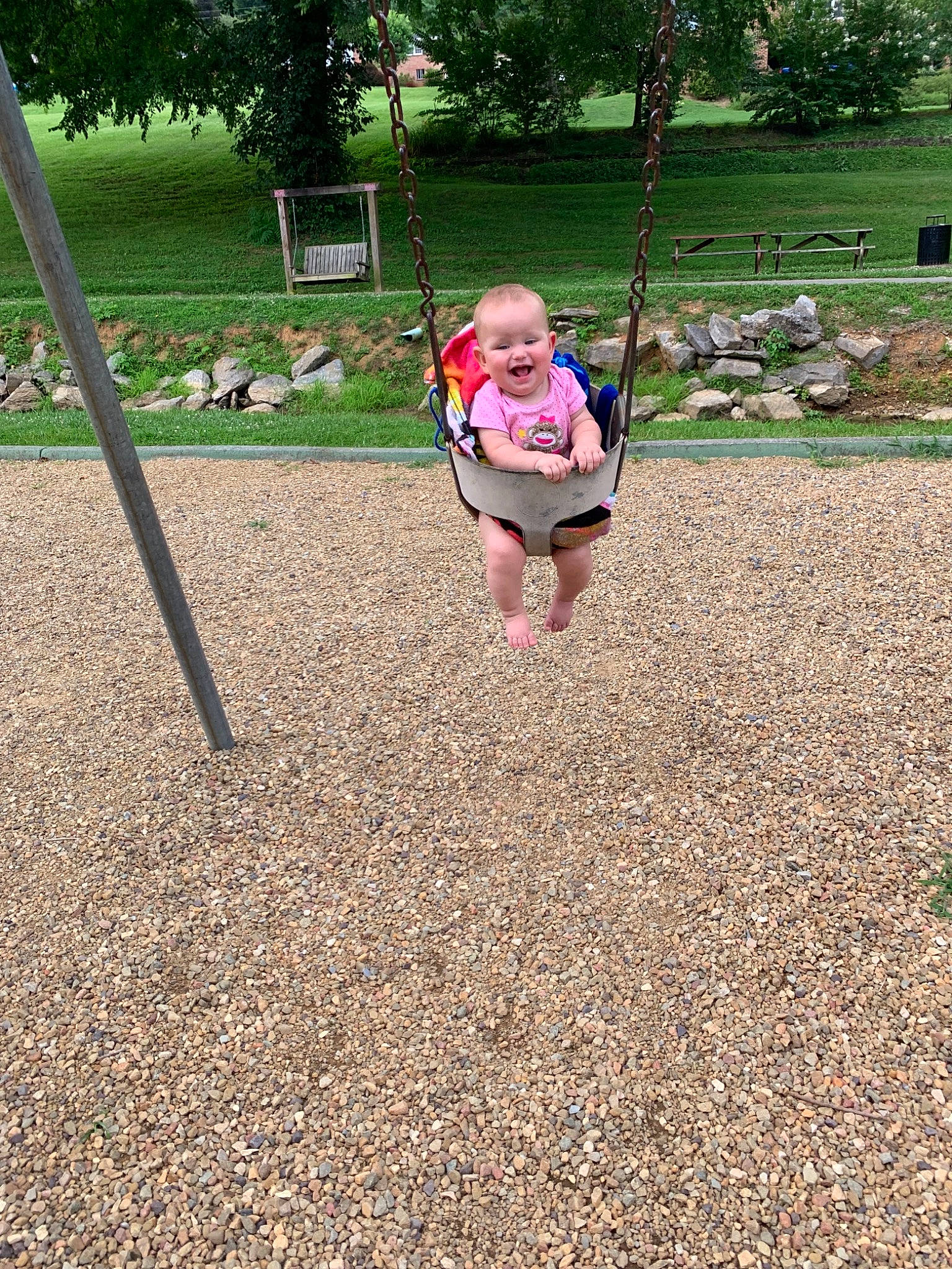 Jenesis is registered to the contest to win money with this photo: child, city, fun, grass, human_settlement, leisure, outdoor_play_equipment, person, play, playground, public_space, recreation, soil, swing, toddler, tree, vacation