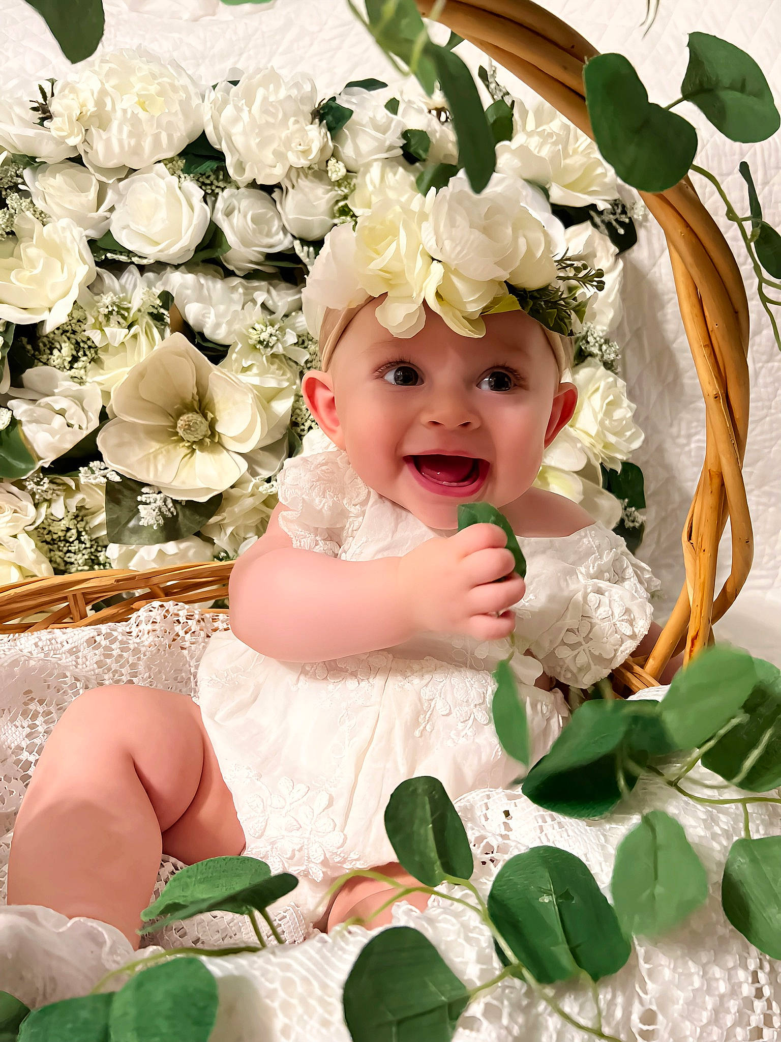 Evangeline joined the competition — help win amazing prizes! baby, baby_toddler_clothing, botany, face, flower, grass, green, happy, head, headgear, headpiece, headwear, iris, joy, leaf, people_in_nature, person, petal, pink, plant