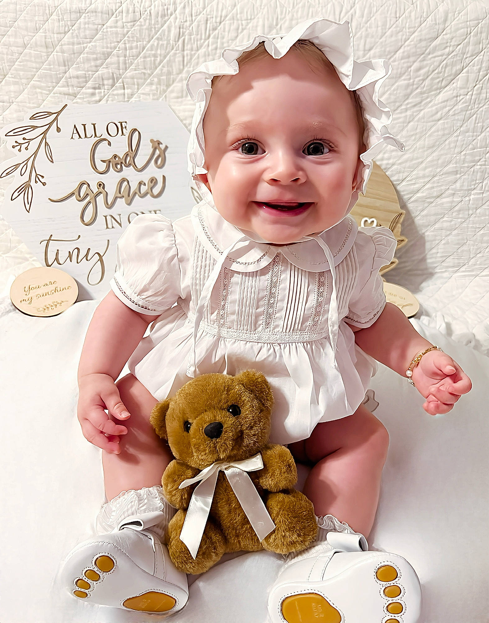 Evangeline is registered to the contest to win money with this photo: baby, baby_toddler_clothing, child, costume_hat, cuisine, dish, doll, font, happy, hat, junk_food, peach, person, plate, product, recipe, smile, sweetness, teddy_bear, toddler