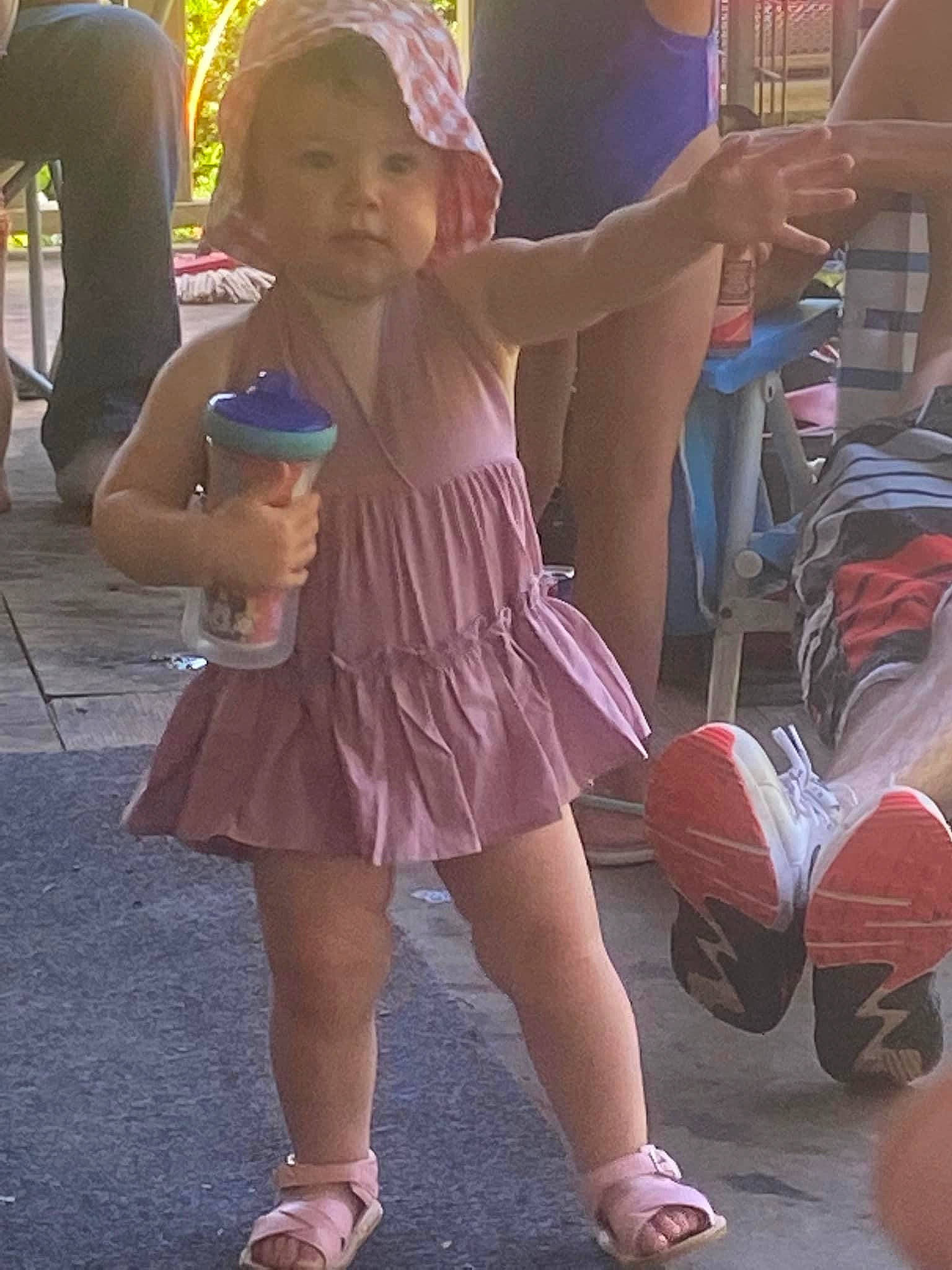 Isla joined the competition — help win amazing prizes! cap, fun, happy, hat, human_leg, joint, knee, leg, leisure, person, pink, public_space, sandal, shoe, skin, snapshot, street_fashion, thigh, toddler, trunk