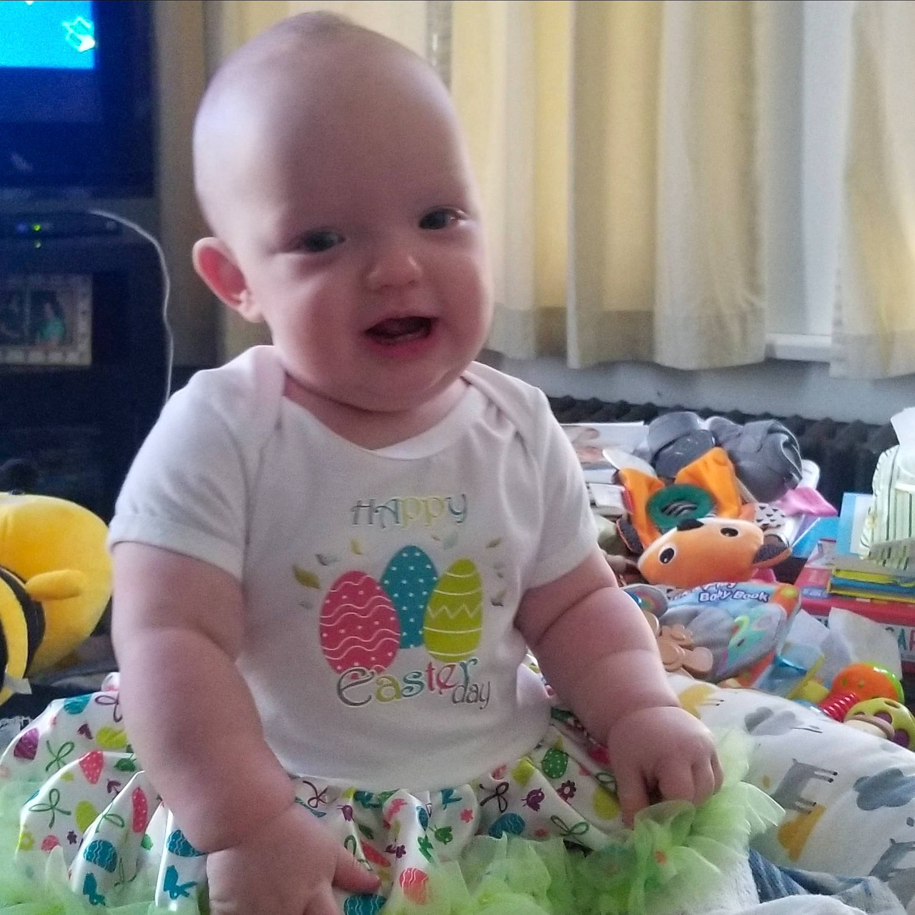 Fianna joined the competition — help win amazing prizes! baby, baby_toddler_clothing, cheek, child, curtain, eye, facial_expression, fun, happy, head, iris, person, product, skin, sleeve, smile, t_shirt, television, toddler, toy