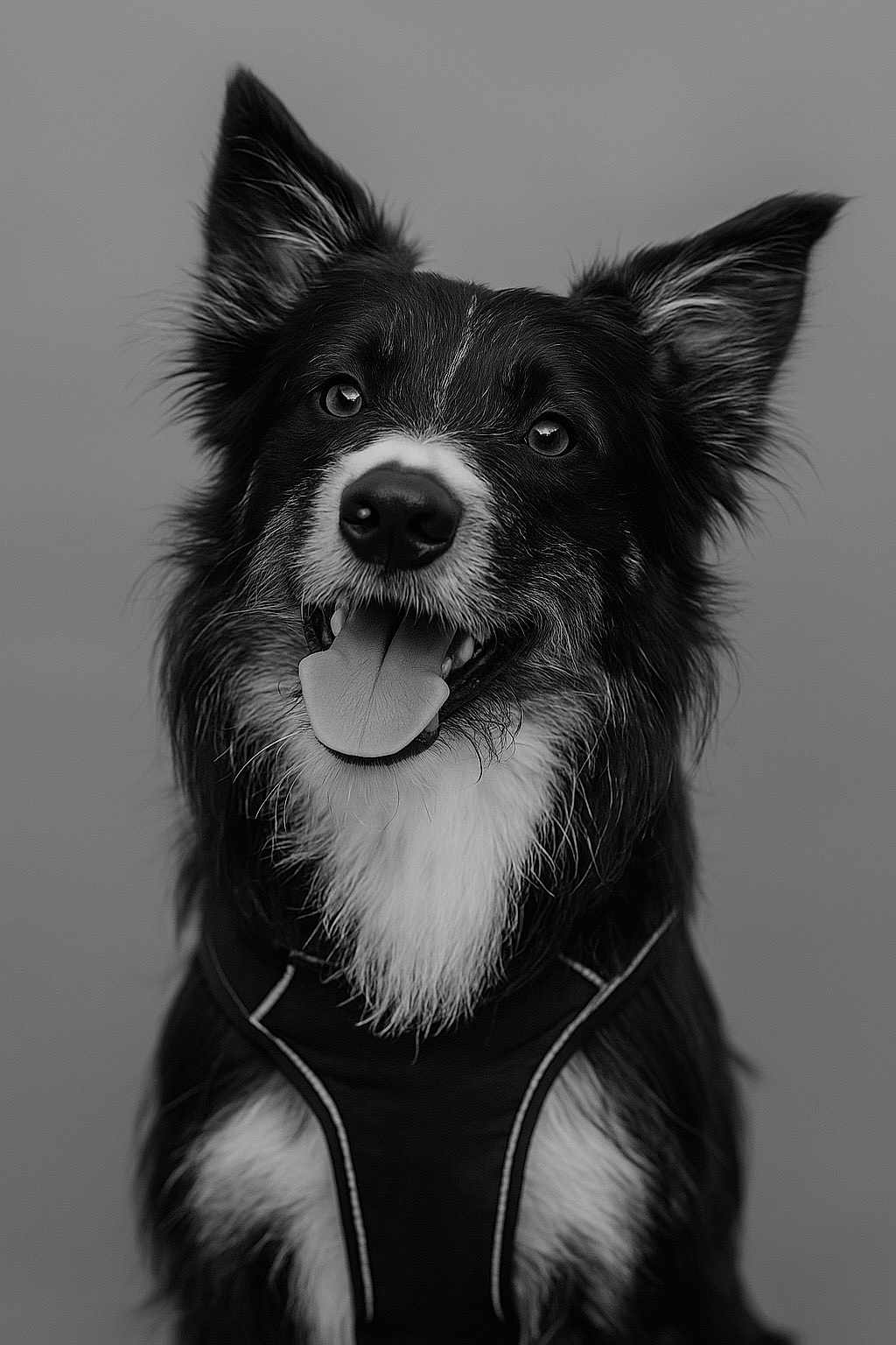 Vucci participe au concours pour gagner de l'argent avec cette photo : dog, border_collie, black_and_white, portrait, pet, canine, happy, tongue_out, fur, ears, animal, domestic_animal, cute, muzzle, whiskers, friendly, close_up, looking_up, studio, wearing_harness