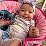 baby, child, smiling, pink, headband, bow, onesie, aloha, cutie, stitch, character, chair, indoor, cute, infant, happy, portrait, clothing, hand, face