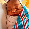 baby, blanket, child, closeup, cute, face, hat, head, hospital, indoors, infant, newborn, peaceful, portrait, resting, sleeping, soft, striped, swaddled, warm