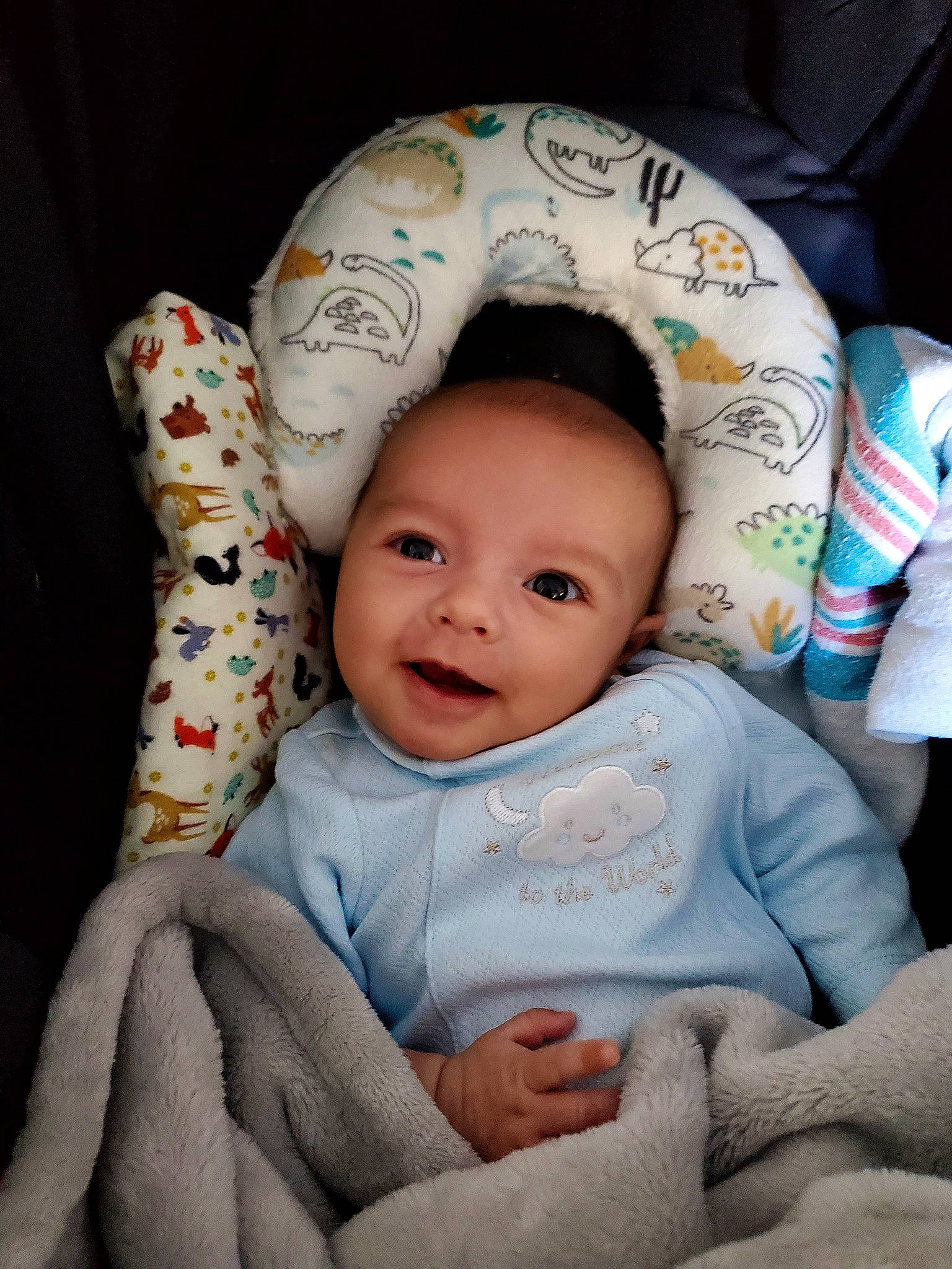 Bryson is registered to the contest to win money with this photo: baby, baby_products, baby_toddler_clothing, cheek, child, comfort, eye, finger, happy, iris, linens, nose, pattern, person, portrait_photography, sitting, skin, sleeve, smile, toddler