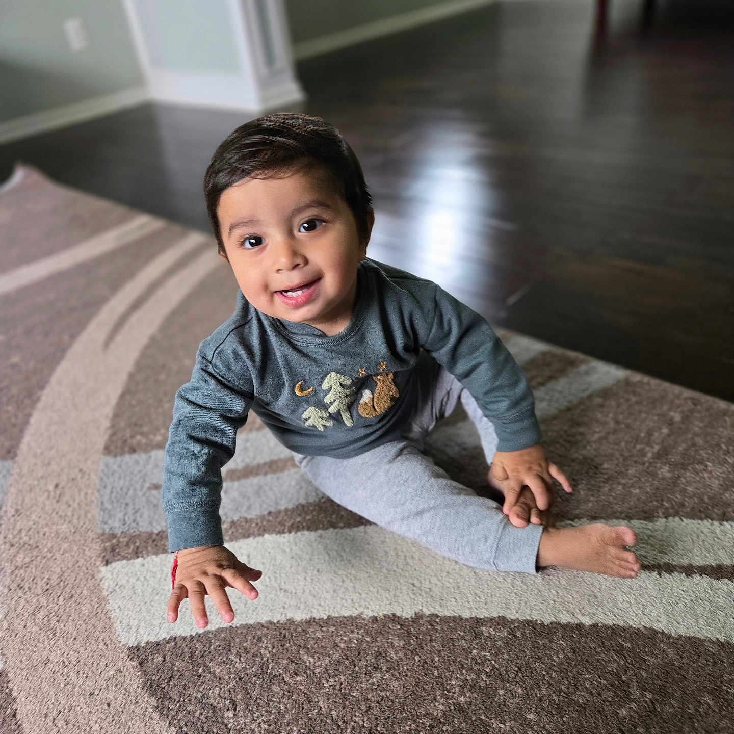 Krishiv joined the competition — help win amazing prizes! baby, carpet, casual_wear, child, clothing, crawling, cute, floor, hand, happy, home, indoor, patterned_rug, person, playful, portrait, sitting, smiling, toddler, young_child
