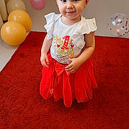Selena joined the competition — help win amazing prizes! toddler, child, birthday, red_skirt, white_top, headband, flower, balloons, carpet, indoor, celebration, smile, portrait, cute, young_child, festive, happy, person, standing, decorations