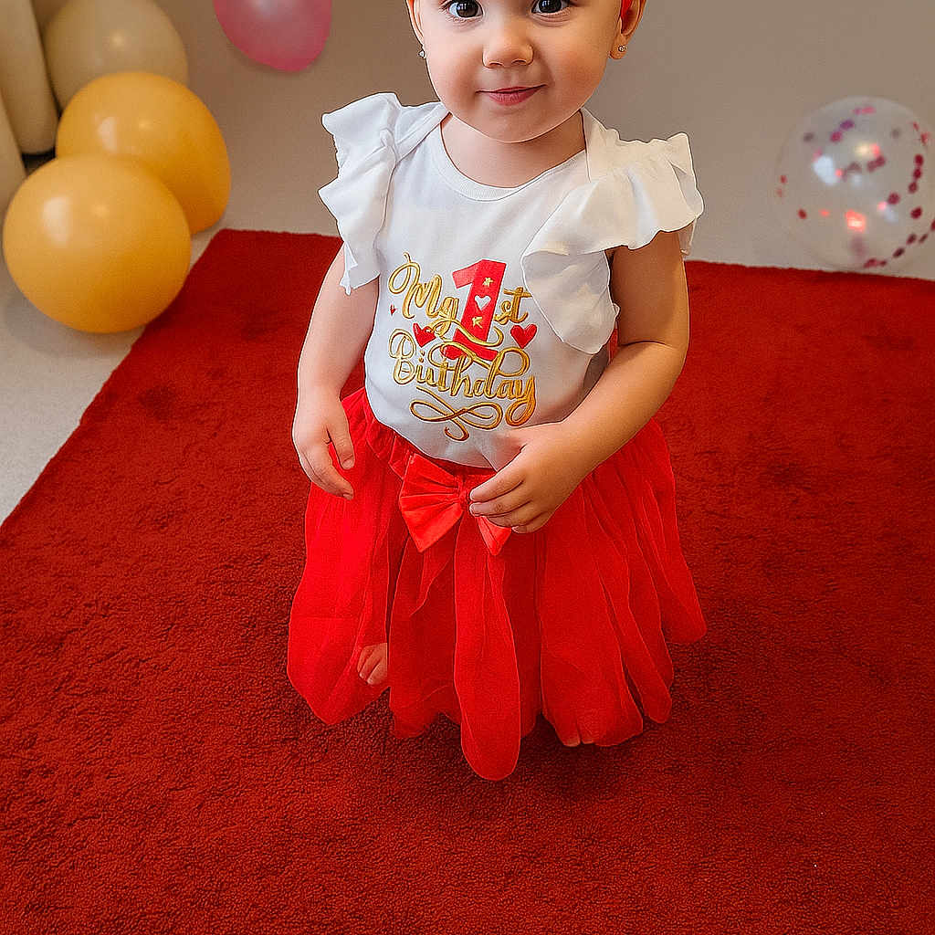 Selena joined the competition — help win amazing prizes! balloons, birthday, carpet, celebration, child, cute, decorations, festive, flower, happy, headband, indoor, person, portrait, red_skirt, smile, standing, toddler, white_top, young_child