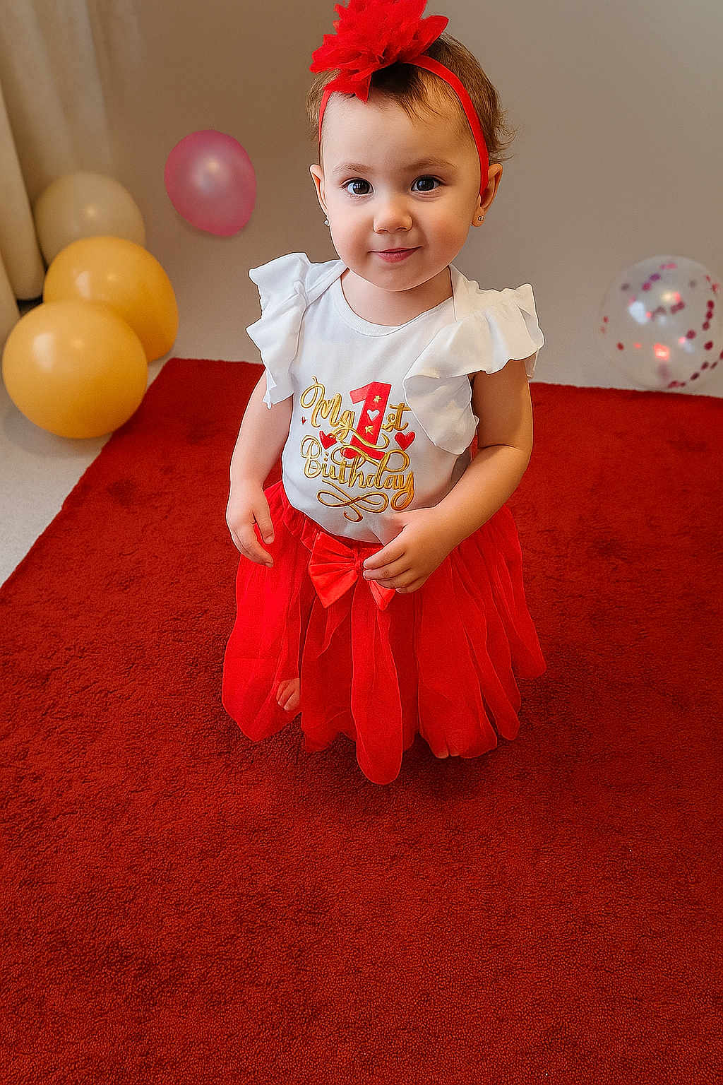 Selena joined the competition — help win amazing prizes! toddler, child, birthday, red_skirt, white_top, headband, flower, balloons, carpet, indoor, celebration, smile, portrait, cute, young_child, festive, happy, person, standing, decorations