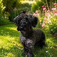 Ruby participe au concours pour gagner de l'argent avec cette photo : adorable, animal, black_dog, blurred_background, cute, daisies, daylight, dog, flowers, fur, garden, grass, greenery, nature, outdoor, pet, playful, small_dog, summer, sunlight