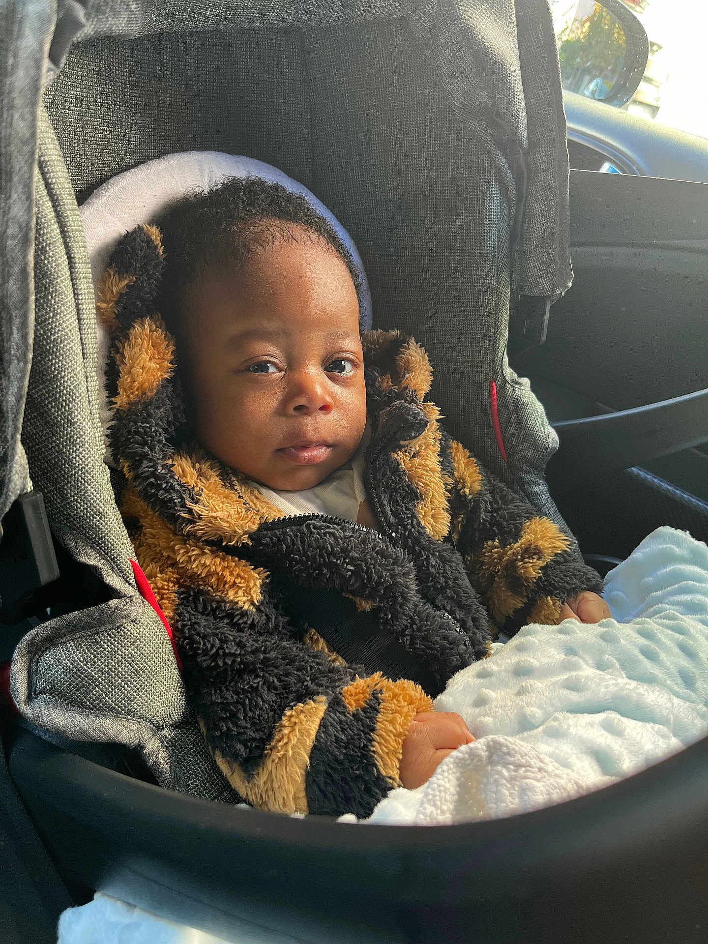 Këllyan participe au concours pour gagner de l'argent avec cette photo : baby, child, car_seat, blanket, jacket, fur_texture, toddler, seatbelt, car_interior, window, person, cozy, warm_clothing, cute, infant, portrait, indoor, seat, safety, young_child