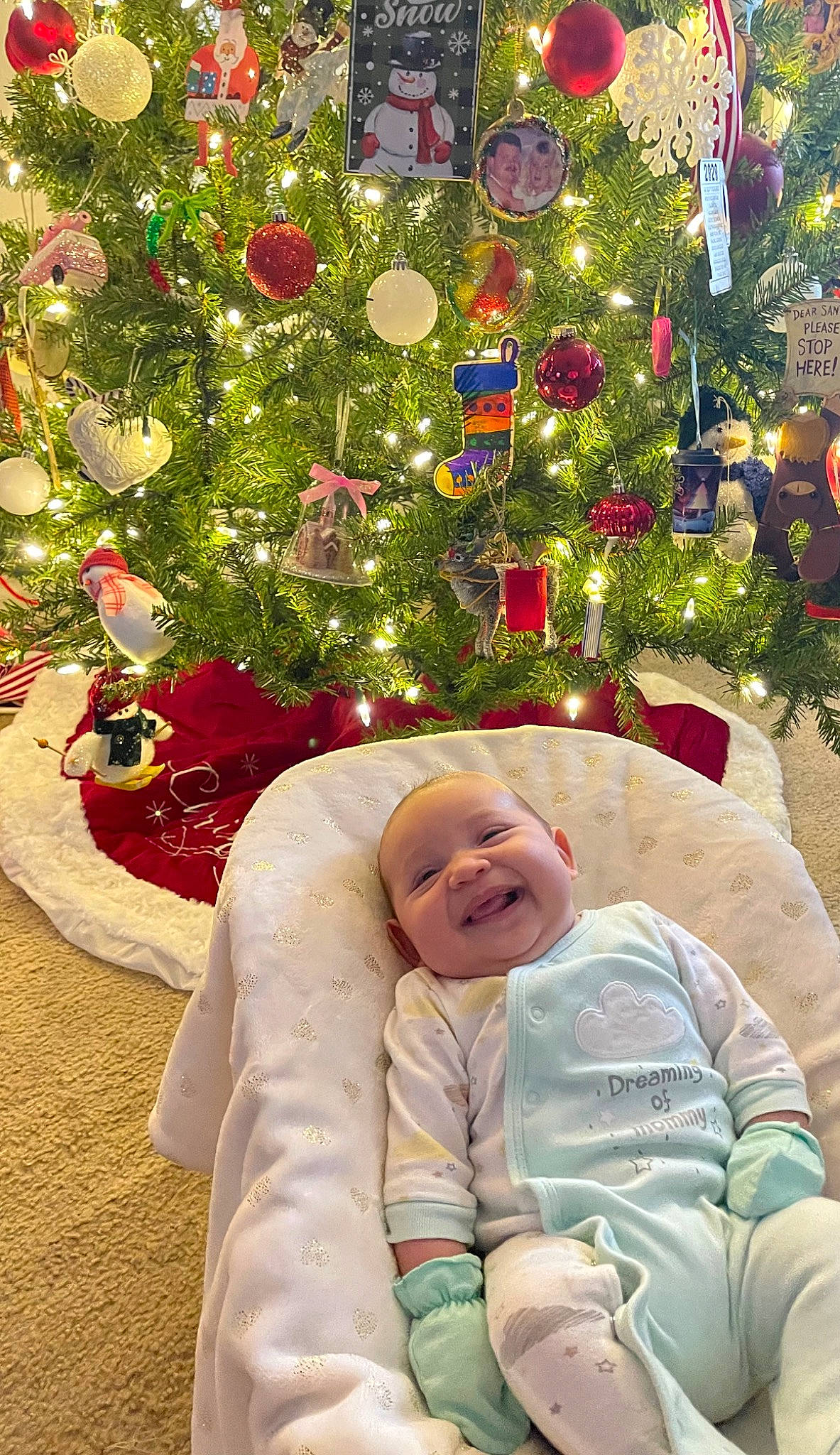 Aaliyah joined the competition — help win amazing prizes! baby, baby_toddler_clothing, child, christmas, christmas_decoration, christmas_eve, christmas_lights, christmas_ornament, christmas_tree, conifer, event, evergreen, holiday, holiday_ornament, joy, ornament, person, plant, smile, toddler