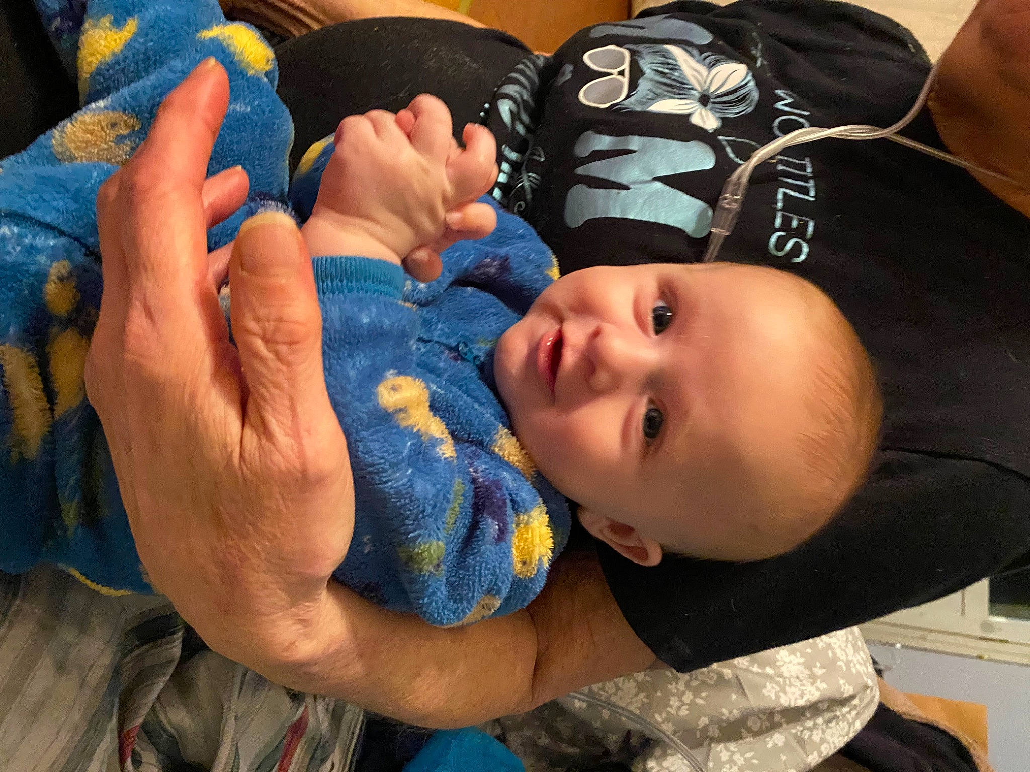 Carsyn joined the competition — help win amazing prizes! baby, baby_products, baby_toddler_clothing, blue, cheek, child, comfort, electric_blue, fun, gesture, happy, linens, nail, pattern, person, room, skin, smile, t_shirt, thumb