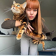 Saïko participe au concours pour gagner de l'argent avec cette photo : bed, bengal_cat, brown_sweater, casual, cat, dresser, furniture, green_eyes, holding, home, indoor, long_hair, person, pet, playful, portrait, red_hair, white_pants, winking, woman
