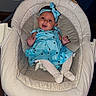Kendall joined the competition — help win amazing prizes! baby, infant, blue_dress, headband, baby_rocker, soothing_vibration, happy, indoor, cushion, wooden_floor, clothing, person, smiling, cute, child, small_hands, white_socks, seat, comfort, relaxed