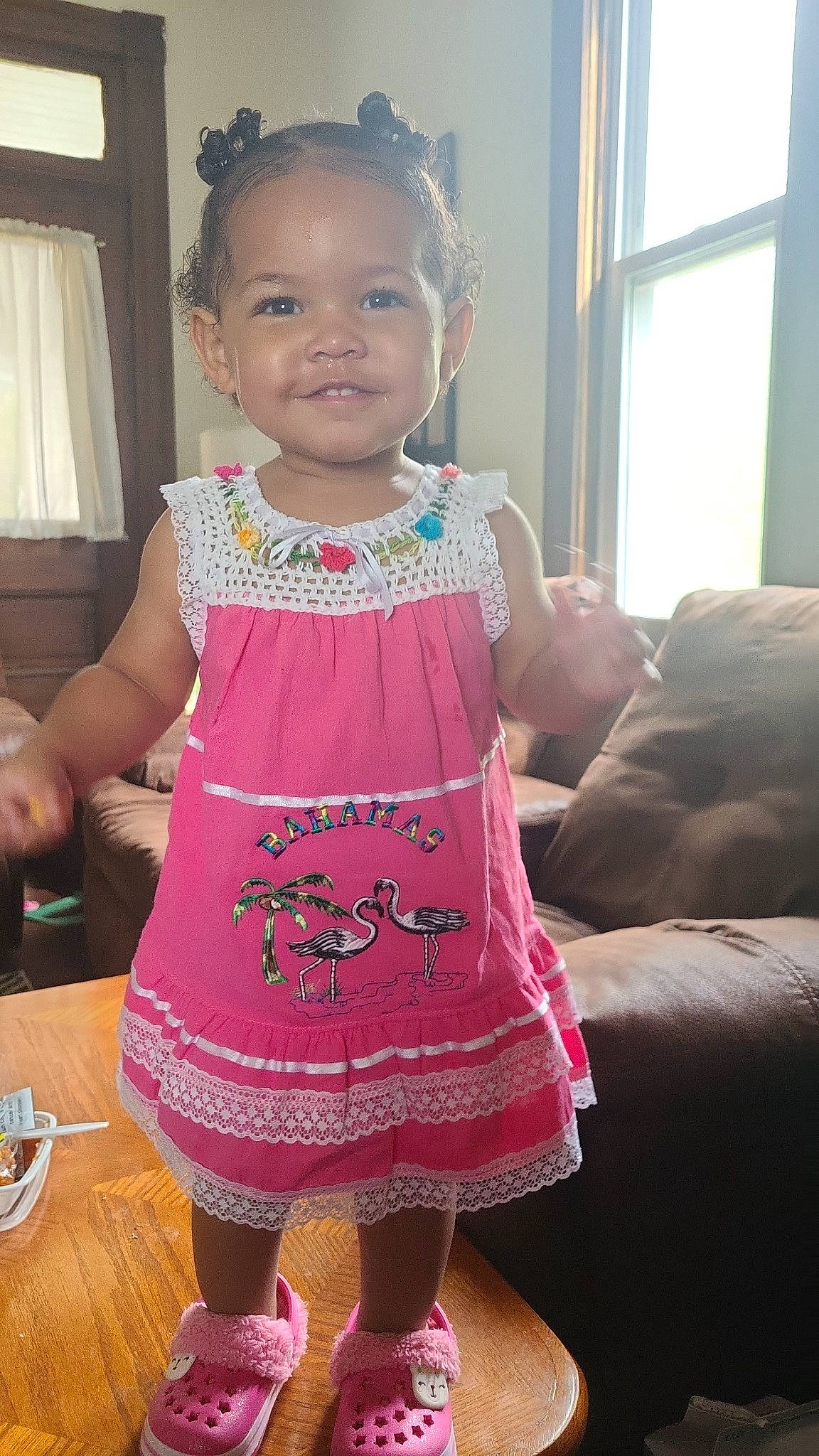 Heiress joined the competition — help win amazing prizes! baby_toddler_clothing, cheek, child, curtain, dress, embellishment, fashion_accessory, happy, jewellery, joy, magenta, pattern, person, pink, skin, sleeve, smile, standing, tableware, toddler