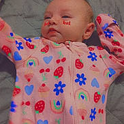 Nevaeh joined the competition — help win amazing prizes! baby, infant, child, portrait, lying_down, onesie, pink_clothing, strawberries, rainbows, hearts, flowers, cherries, colorful, bed, blanket, indoor, face, eyes, serious_expression, photography