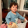 Victoria Grace is registered to the contest to win money with this photo: toddler, child, laundry_basket, curly_hair, blue_sweatshirt, indoor, wooden_floor, glass_door, clothing, pink_cloth, slippers, happy, smiling, sitting, playful, person, home, baby, cute, curious