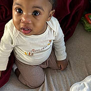 Jream is registered to the contest to win money with this photo: toddler, child, baby, face, eyes, clothing, pants, sitting, blanket, indoor, skin, expression, curious, young, person, head, cute, portrait, soft, cozy