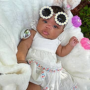 Brooklyn joined the competition — help win amazing prizes! baby, infant, white_dress, sunglasses, daisy, plush_bunny, pink_toys, blanket, outdoor, greenery, cute, portrait, child, relaxing, soft_texture, fluffy, summer, playful, accessory, flower
