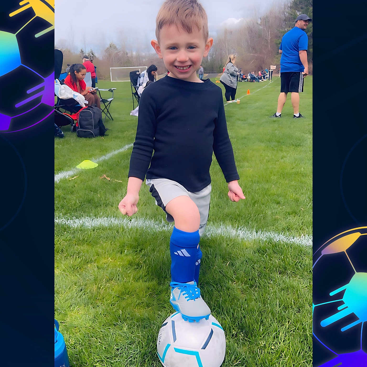 Cameron joined the competition — help win amazing prizes! adult, ball, boy, child, clothing, face, football, grass, head, male, man, person, photography, plant, portrait, shorts, soccer, soccerball, sphere, sport