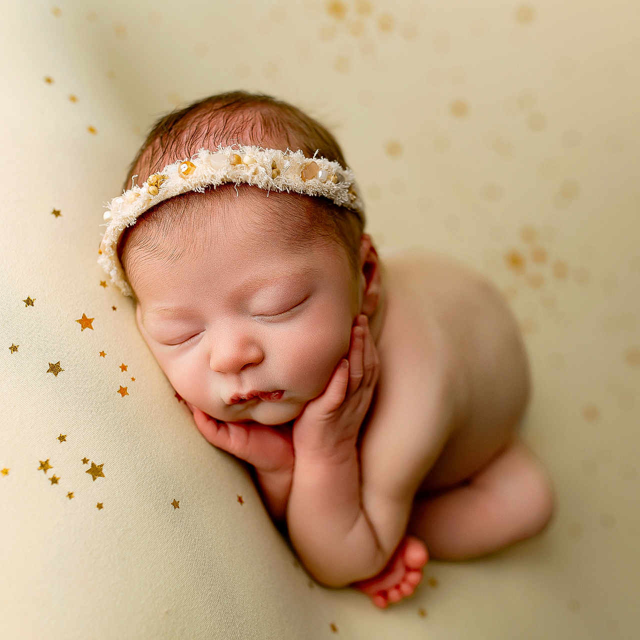 Aurora joined the competition — help win amazing prizes! baby, background, cream, cute, decorations, face, flower, hands, headband, infant, naked, newborn, peaceful, portrait, pose, rest, skin, sleeping, soft, stars