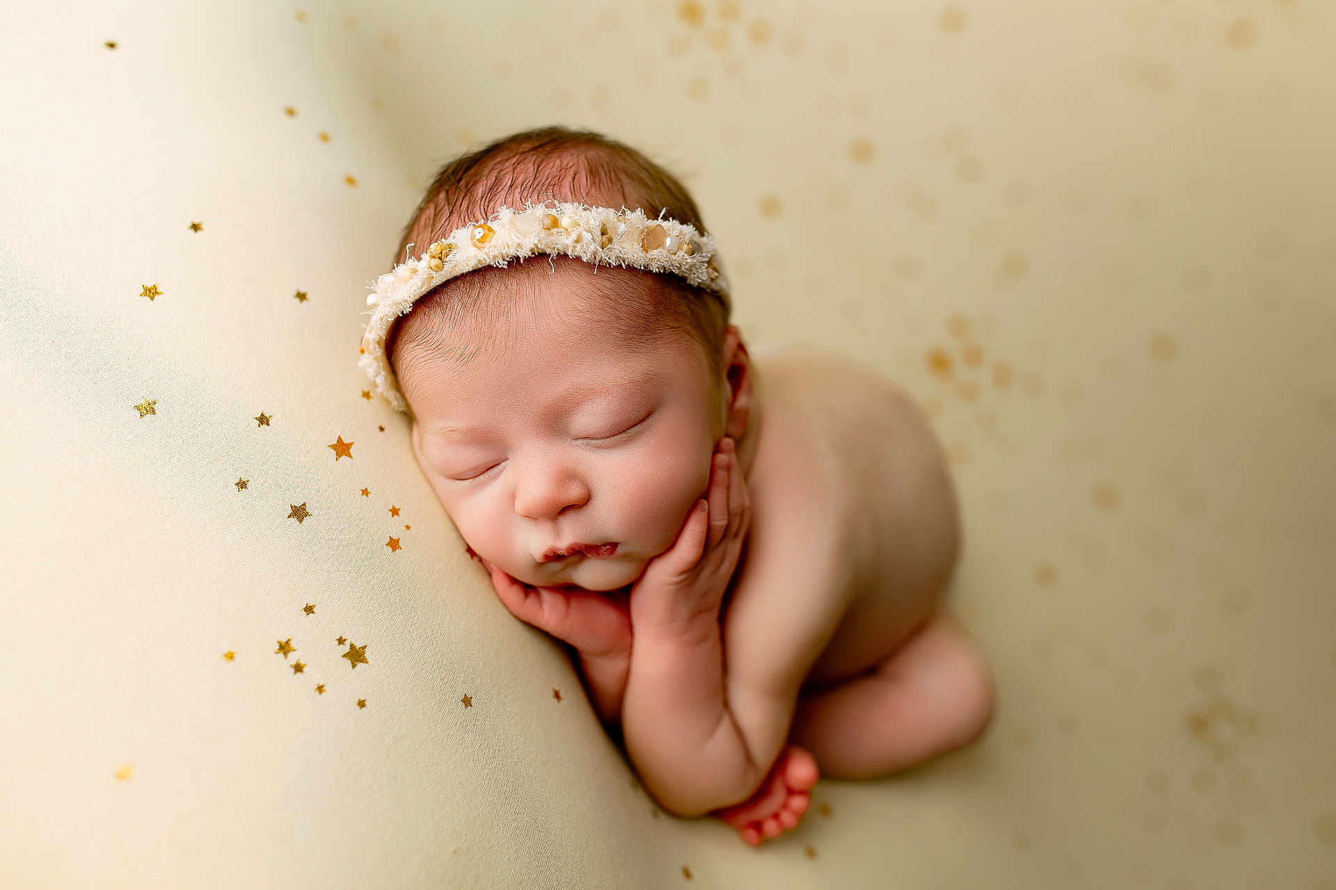 Aurora joined the competition — help win amazing prizes! newborn, baby, sleeping, headband, flower, hands, face, skin, naked, pose, stars, decorations, soft, cream, background, peaceful, cute, infant, portrait, rest