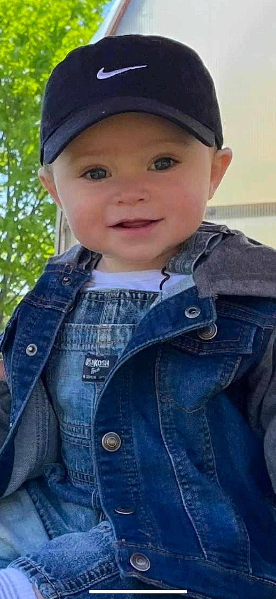 Chase is registered to the contest to win money with this photo: baby, baby_toddler_clothing, baseball_cap, cap, collar, cool, denim, happy, headgear, headwear, jacket, joy, outerwear, person, photograph, product, skin, sleeve, smile, standing