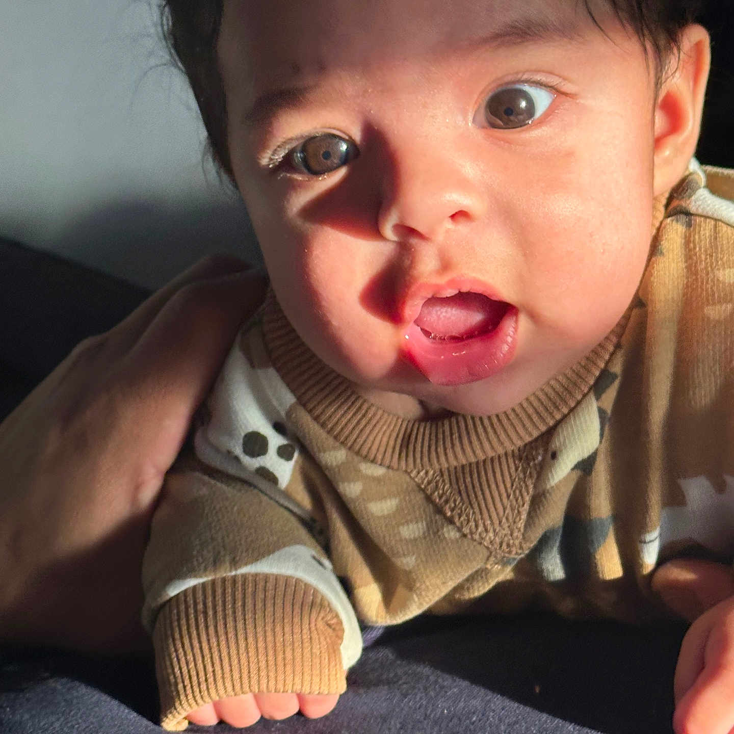 Isaac Palacios is registered to the contest to win money with this photo: baby, bodypart, clothing, coat, cosmetics, face, finger, hand, head, jacket, knitwear, lipstick, mouth, person, photography, portrait, selfie, sweater, teeth, tongue