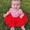 baby, child, tutu, headband, grass, outdoor, smile, happy, pink, red, clothing, sitting, cute, person, portrait, nature, summer, greenery, feet, eyes