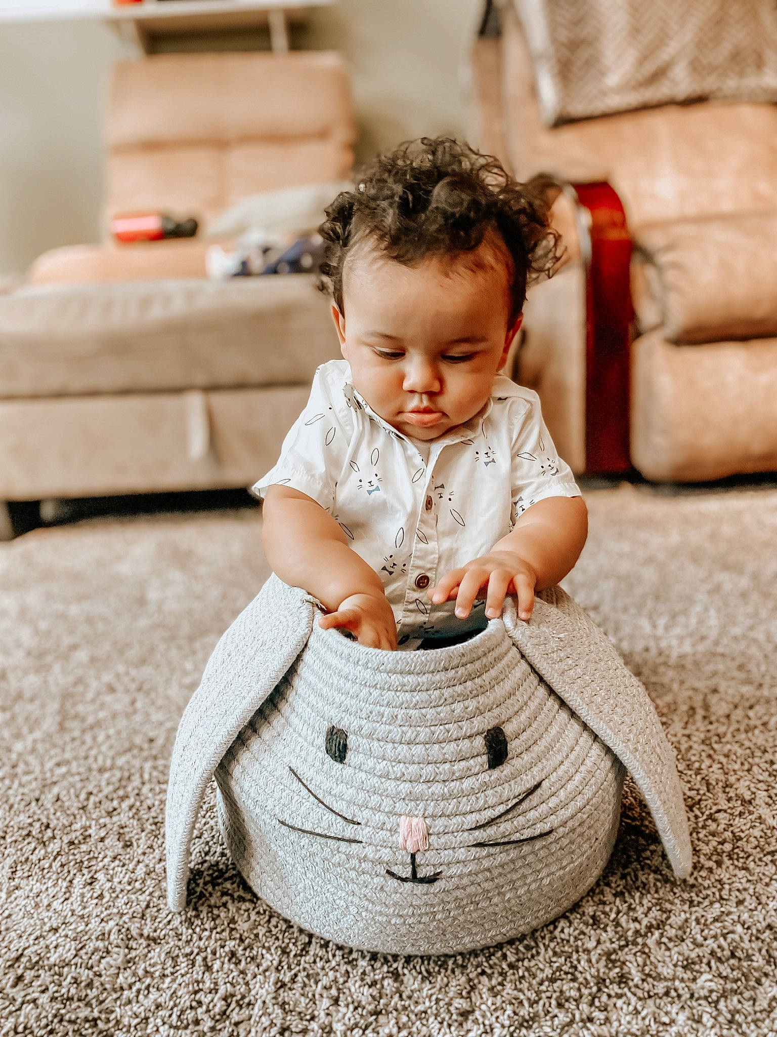 Santana is registered to the contest to win money with this photo: baby, baby_toddler_clothing, basket, child, comfort, couch, dress, floor, flooring, fun, grass, happy, hardwood, living_room, pattern, person, sitting, sleeve, textile, toddler