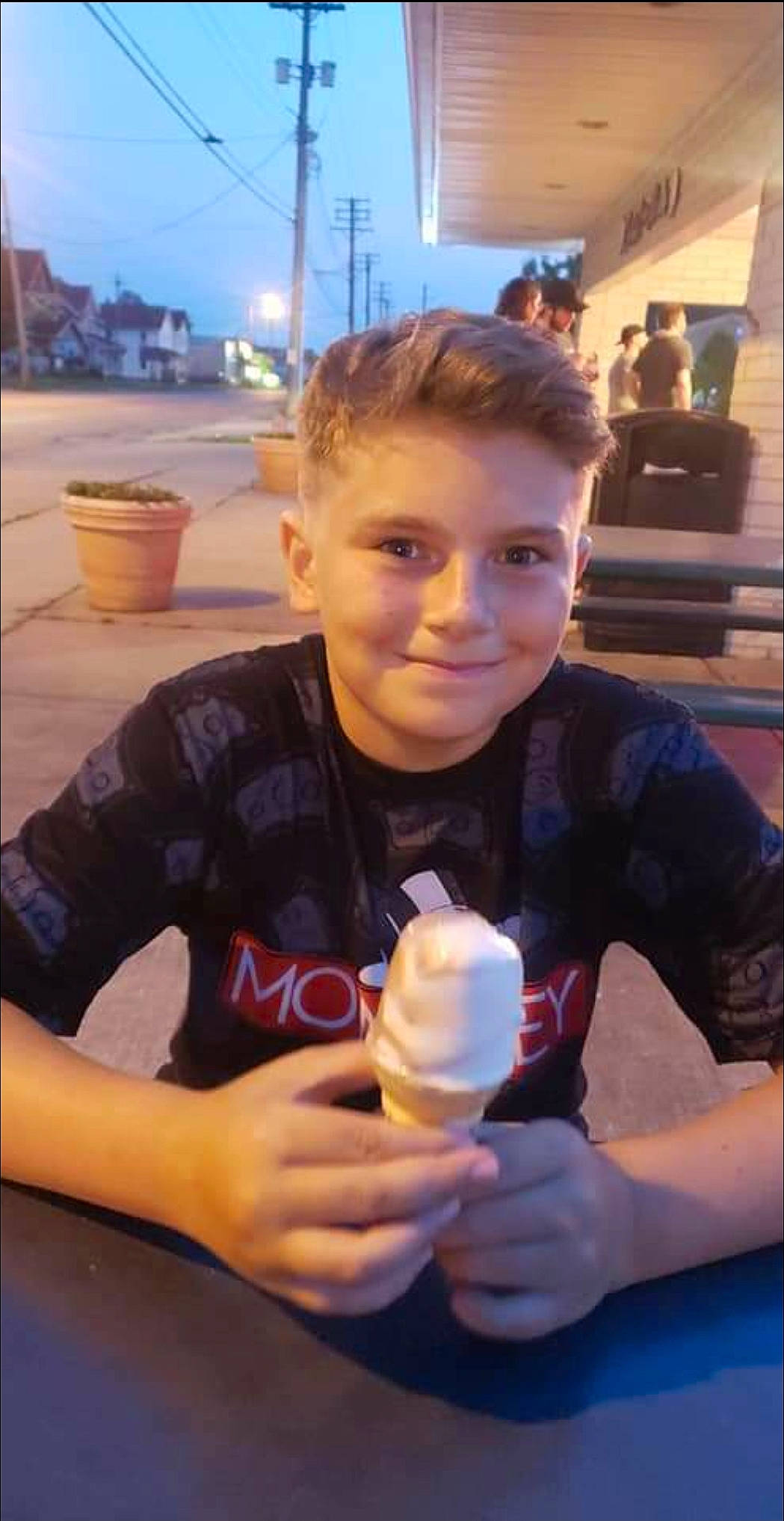 Dawson joined the competition — help win amazing prizes! child, dairy, dessert, drink, drinkware, finger, food, frozen_dessert, fun, happy, ice_cream, ice_cream_cone, joy, person, recreation, sky, smile, soft_serve_ice_creams, sweetness, t_shirt