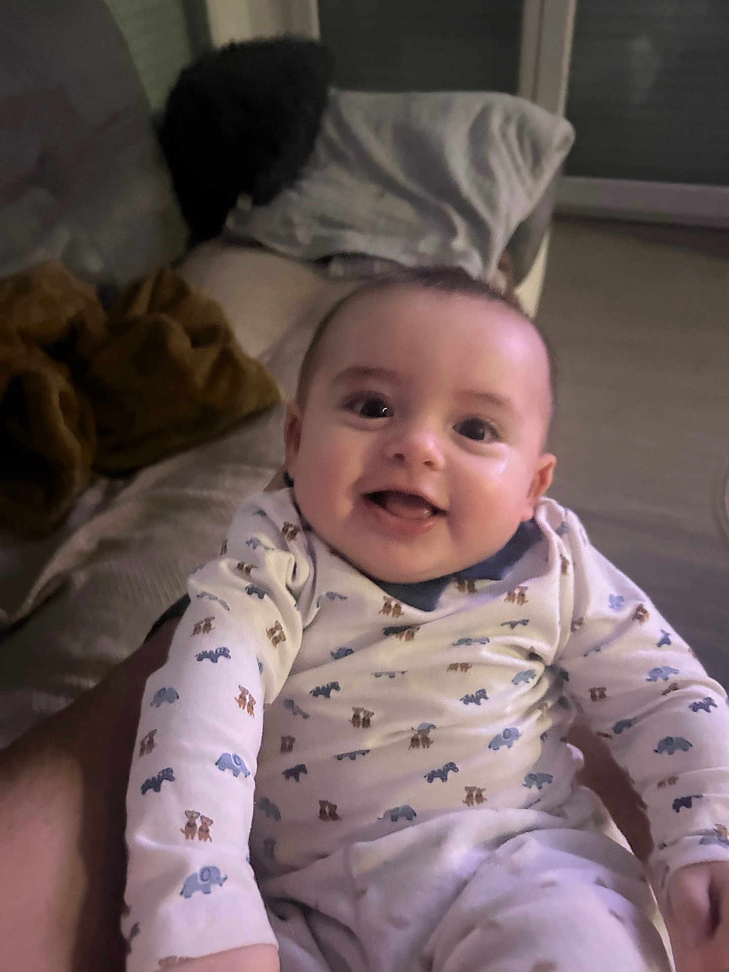 Sasha a rejoint le concours — aidez-le/la à gagner de superbes lots ! baby, smile, onesie, infant, cute, happy, indoor, blanket, couch, person, child, patterned_clothing, face, human, holding, cozy, animal_print, living_room, portrait, young_child