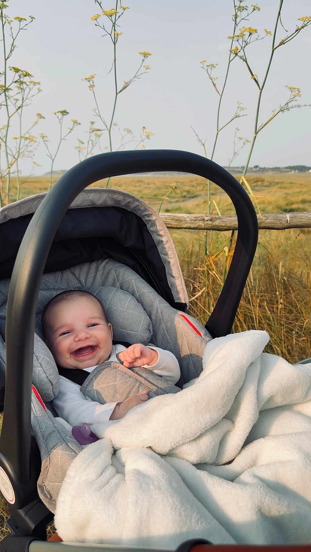 Ella participe au concours pour gagner de l'argent avec cette photo : baby, car_seat, blanket, smiling, outdoor, wildflowers, fence, grass, happy, infant, nature, child, seatbelt, cozy, cute, portrait, sunlight, peaceful, field, young