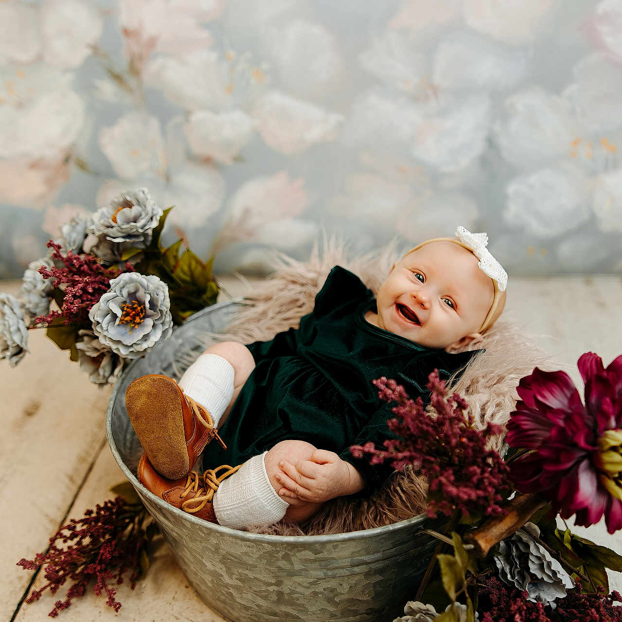Maeve joined the competition — help win amazing prizes! art, baby, babylaughing, basket, bodypart, bonnet, clothing, dahlia, daisy, dress, face, finger, floraldesign, flower, flowerarrangement, flowerbouquet, footwear, graphics, hand, happy