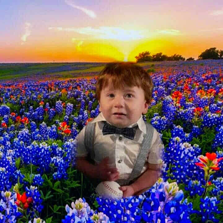 Karter is registered to the contest to win money with this photo: child, boy, baseball, bow_tie, suspenders, flowers, field, sunset, nature, outdoor, portrait, grass, colorful, bluebonnets, orange_flowers, young_child, holding, happy, cute, scenery
