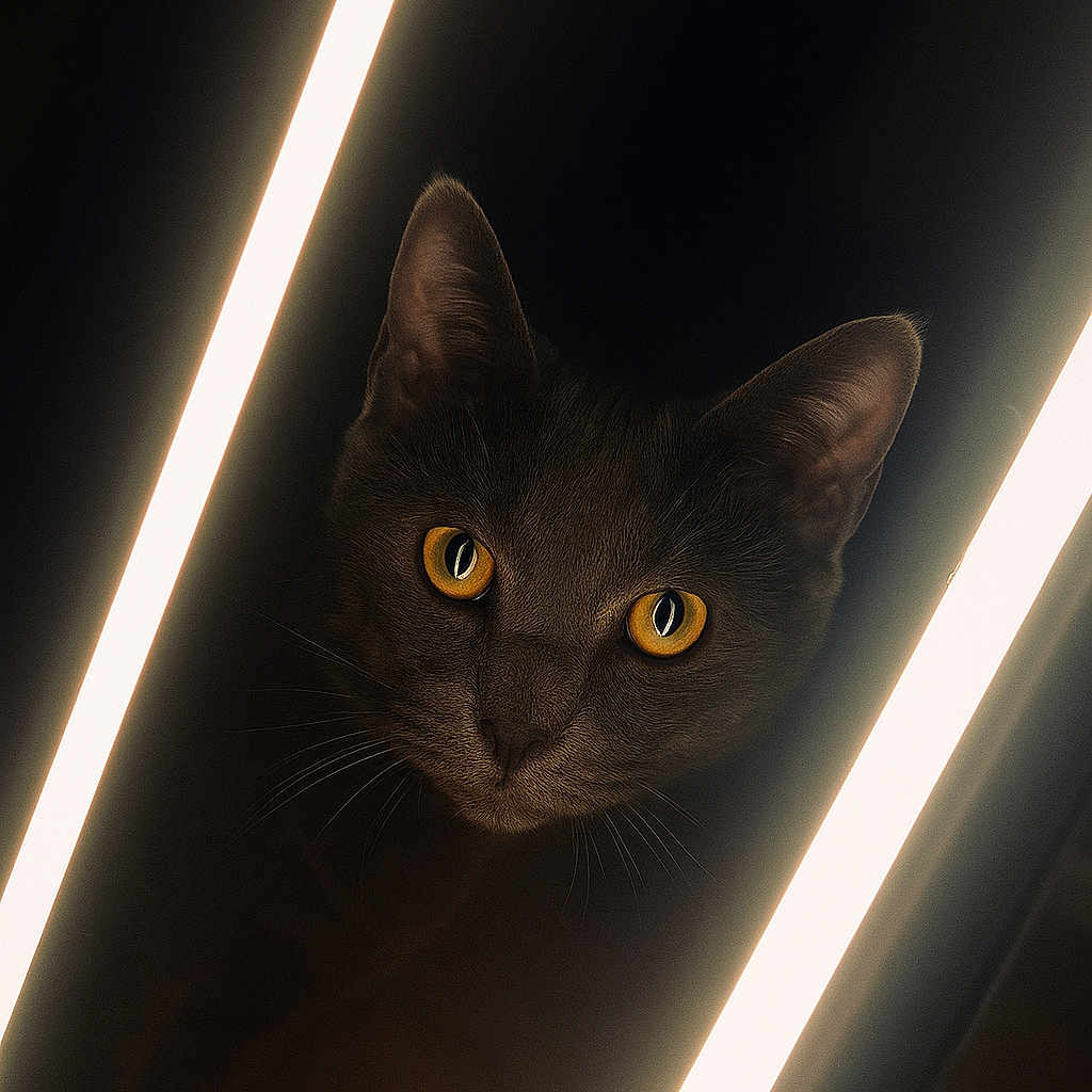 Cailloux participe au concours pour gagner de l'argent avec cette photo : cat, animal, pet, dark, light, glowing_eyes, mystery, feline, portrait, closeup, whiskers, ears, night, indoor, shadow, yellow_eyes, vertical_lights, contrast, black_background, curious