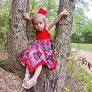 Cynthia is registered to the contest to win money with this photo: child, girl, tree, red_bow, dress, sandals, nature, outdoor, forest, leaves, trunk, young, curious, balance, plant, footwear, person, smile, summer, daylight