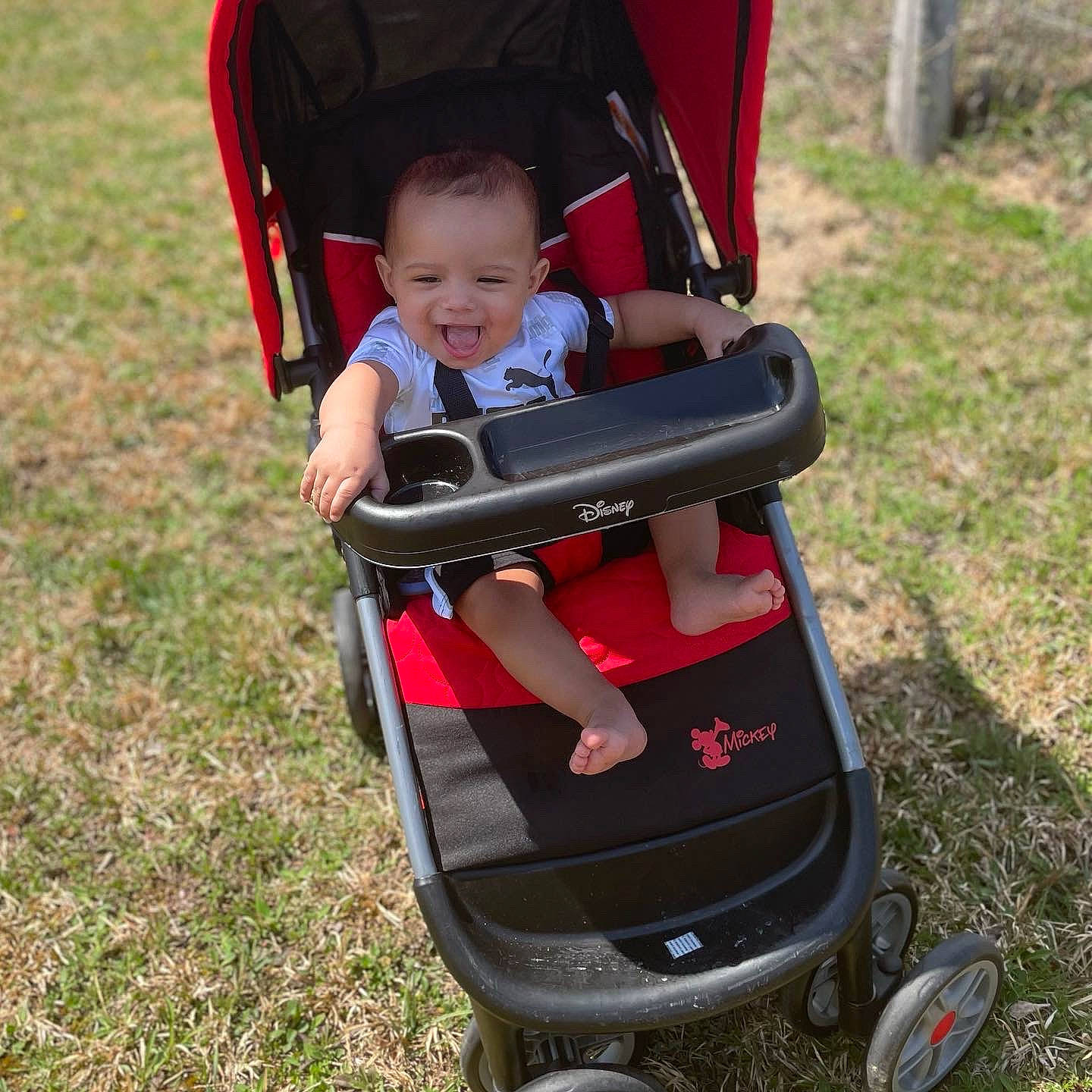 Taveare Jr is registered to the contest to win money with this photo: auto_part, automotive_lighting, baby, baby_carriage, baby_products, baby_toddler_clothing, chair, child, comfort, grass, leisure, machine, motor_vehicle, person, plant, recreation, red, smile, toddler, travel