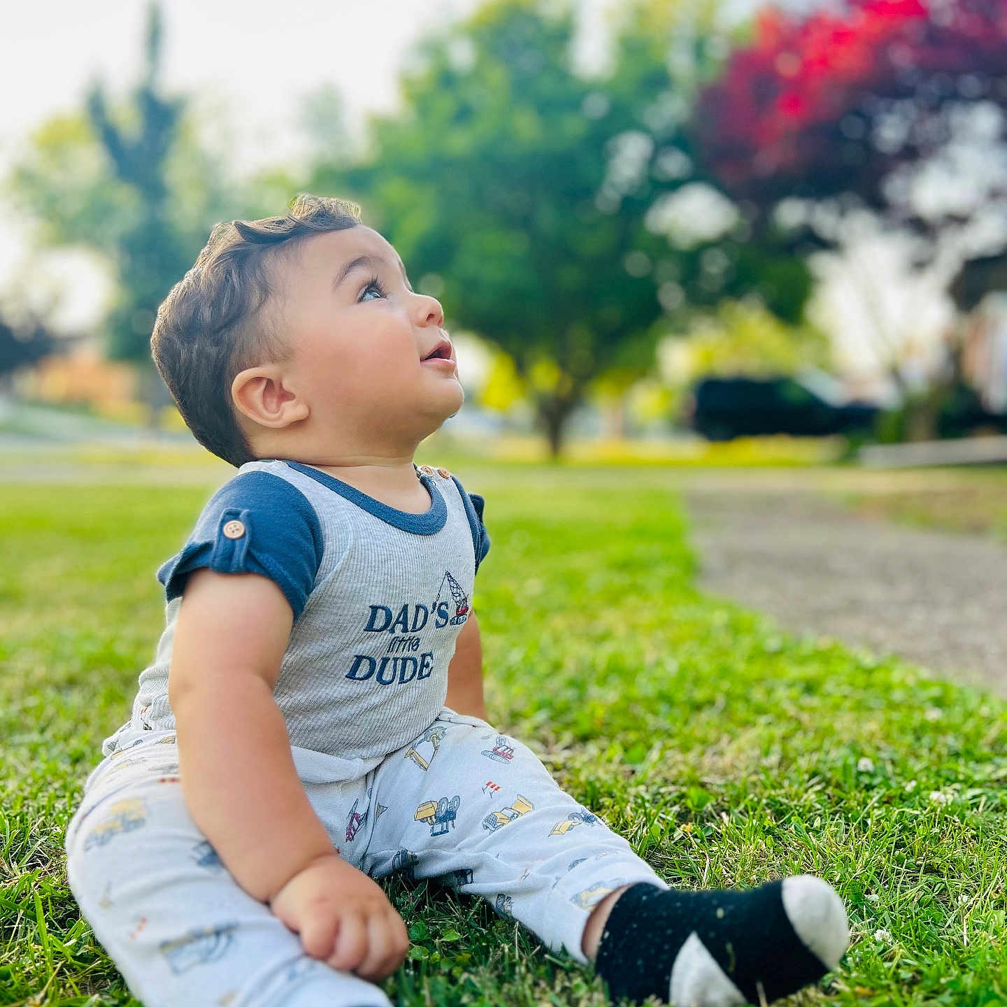 Altan joined the competition — help win amazing prizes! baby, background_blur, child, clothing, curious, cute, daylight, face, grass, greenery, nature, outdoor, pajamas, portrait, sitting, sky, smiling, socks, toddler, tree