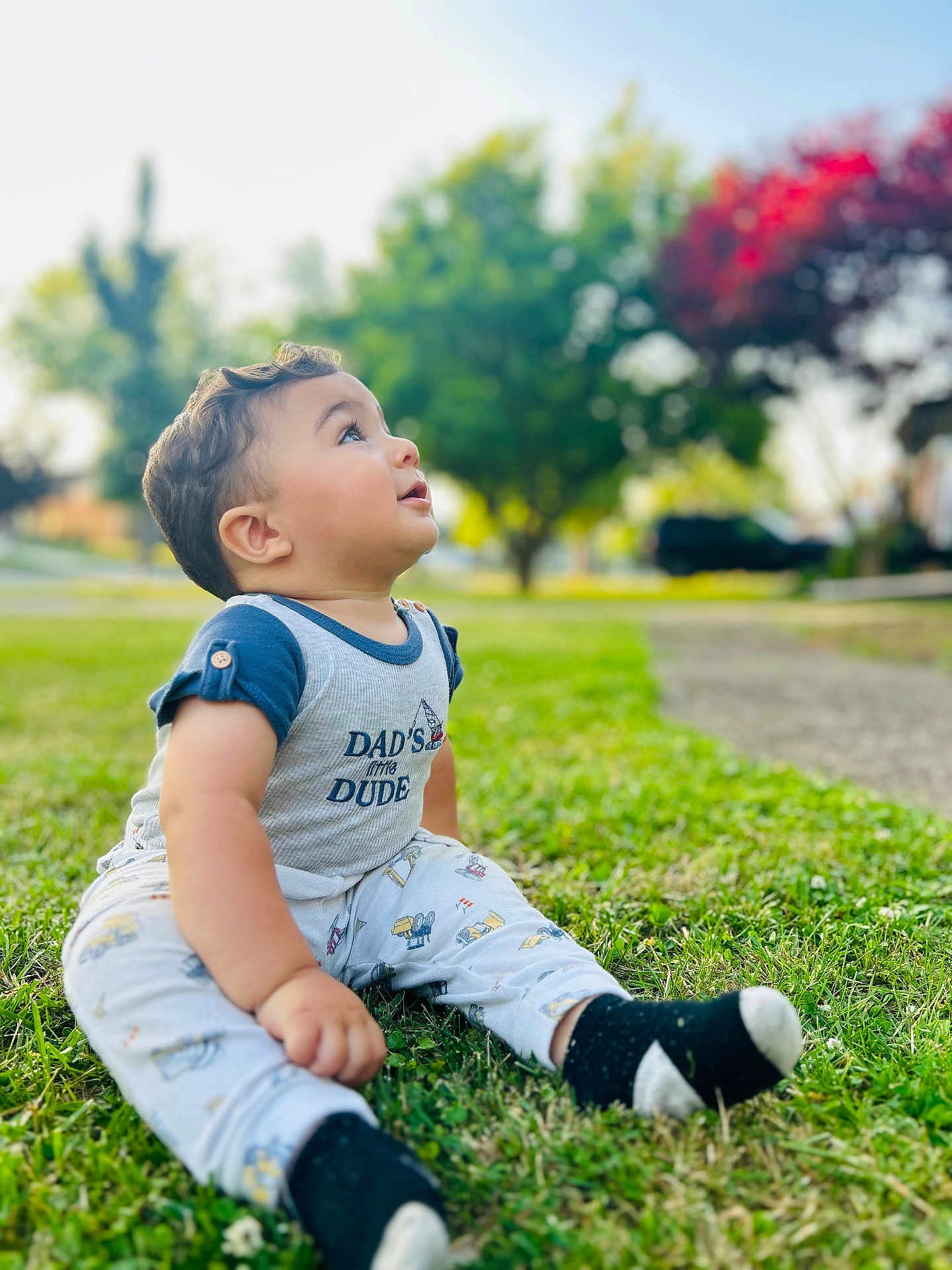 Altan joined the competition — help win amazing prizes! toddler, child, grass, outdoor, nature, tree, sky, socks, pajamas, curious, portrait, greenery, daylight, baby, sitting, cute, clothing, smiling, face, background_blur