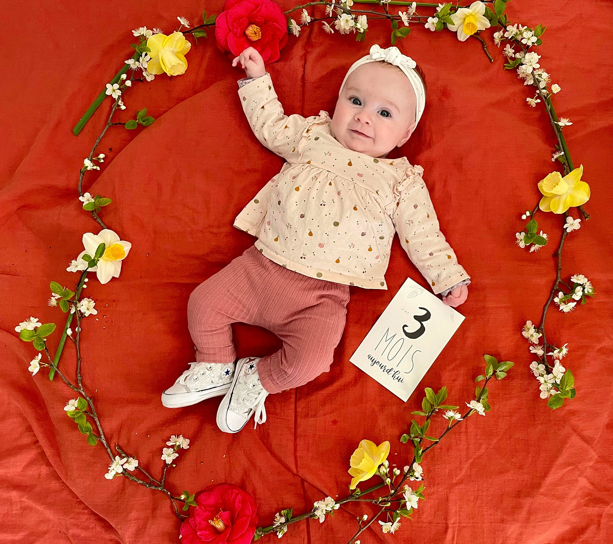 Louanne a rejoint le concours — aidez-le/la à gagner de superbes lots ! baby, baby_toddler_clothing, branch, child, flower, font, gesture, hand, happy, leaf, organ, pattern, people_in_nature, person, petal, pink, plant, red, sleeve, toddler