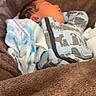 newborn, baby, sleeping, blanket, onesie, dog_pattern, cozy, soft, fabric, infant, child, cute, resting, warm, bedtime, comfort, indoor, portrait, peaceful, relaxation